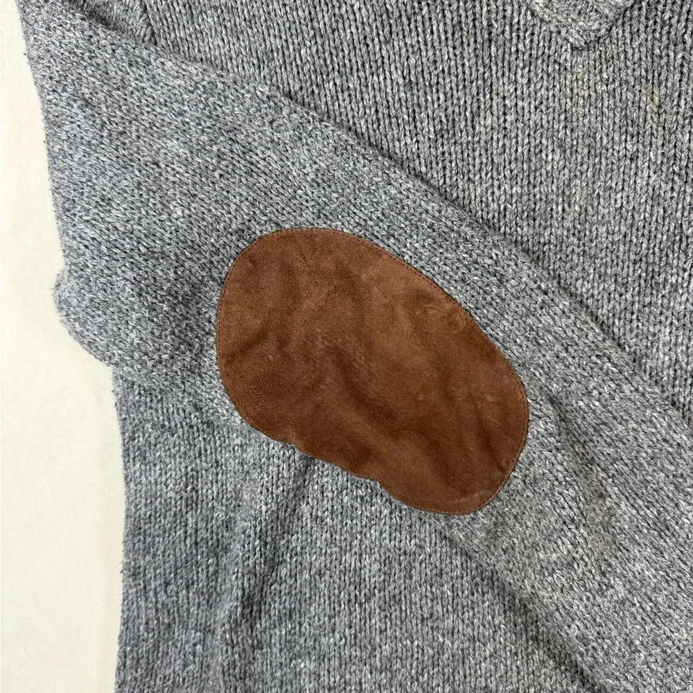 Polo Ralph Lauren Large Cotton Hemp Gray V-Neck Sweater with Brown Elbow Patches